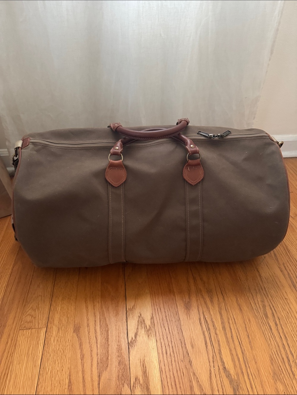Vintage L.L.Bean Duffle Bag Olive Canvas Leather Handles Made USA Maine